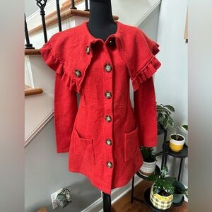 Red Orange Ruffled Women's HWR Monogram Boiled Wool Coat
